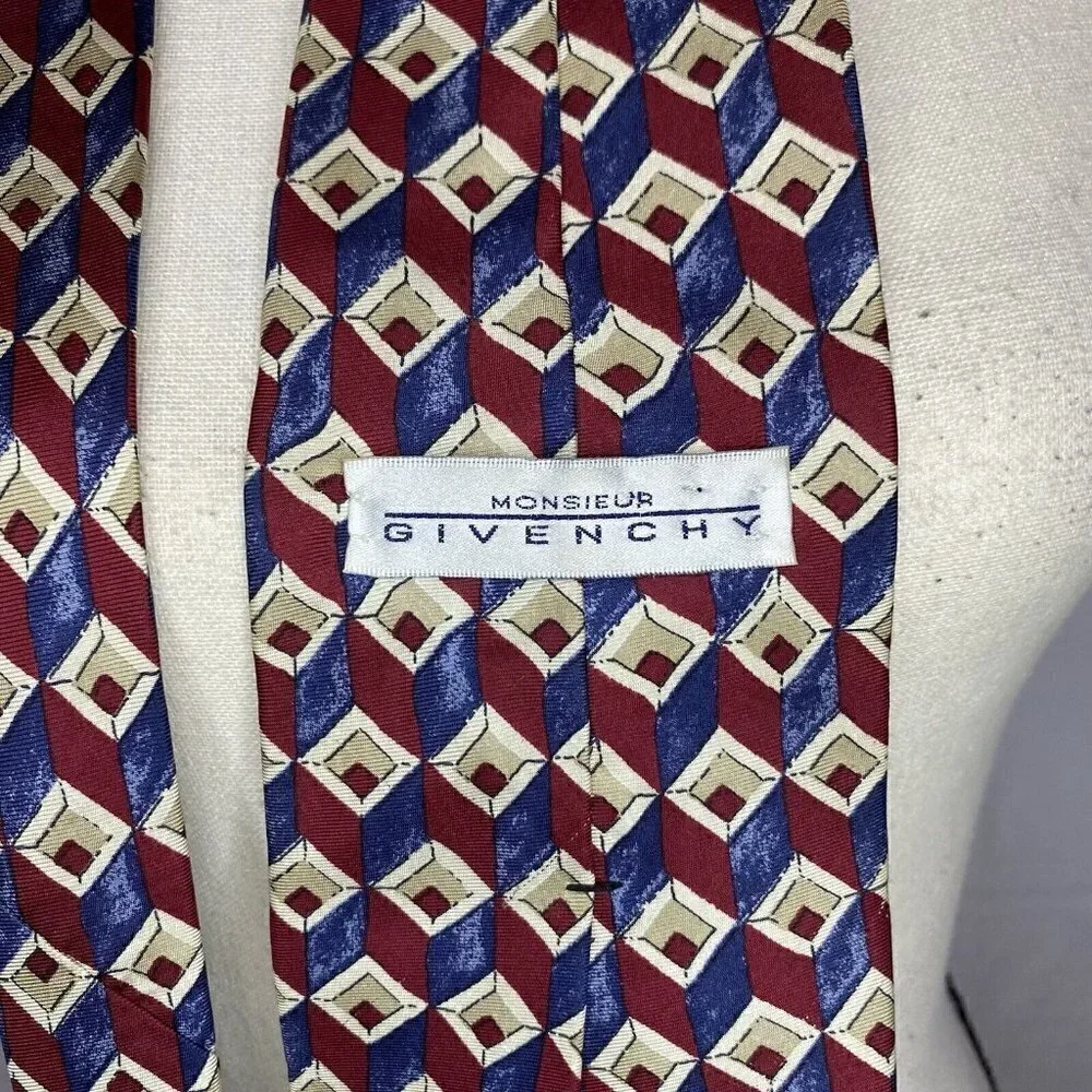 Givenchy Monsieur Silk Blue Maroon Tan Patterned Neck Tie USA 58.5”/4”